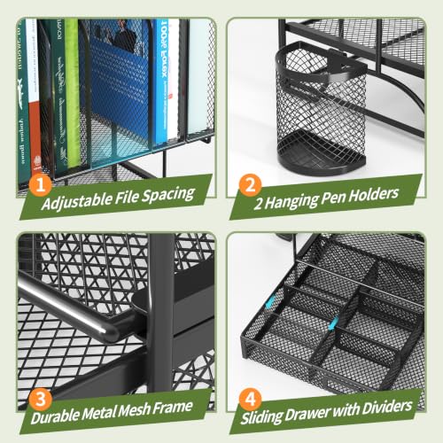 FANXIYQ Metal Desk Organizer with Sliding Drawer, 7-Section File Organizer for Desk, Desktop File Folder & Paper Organizer with 2 Hanging Pen Holders, Office Supplies Organizer, Black by FANXIYQ - Image 7