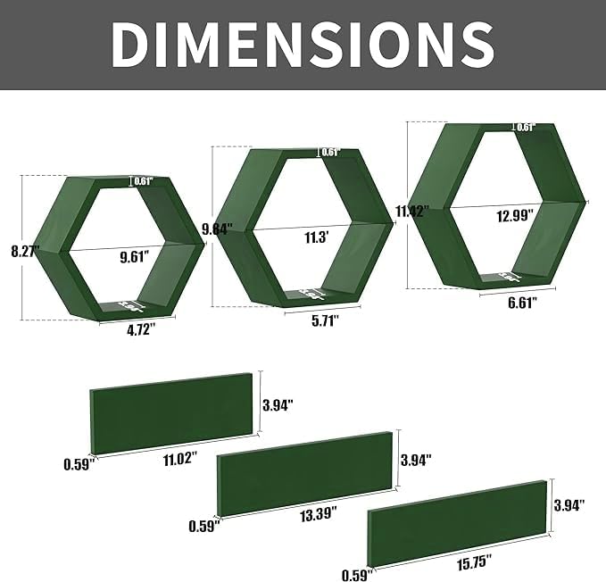 Image of Wooden Floating Wall Mounted Set of 6 Hexagon Shelves Display Shelf for Photos, Plants, Rustic Honeycomb Shelves for Living Room, Bedroom, Bathroom, Kitchen, Office (Green)