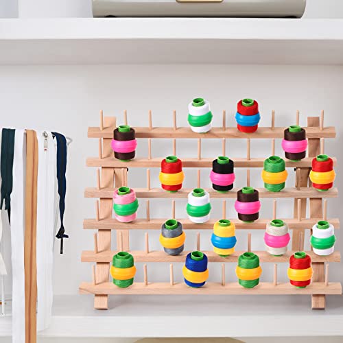 Image of Yookeer 60 Spools Wooden Thread Rack and 48 Pcs Thread Spools Savers /Spool Huggers with Hanging Hooks for Sewing Quilting Embroidery Machine Needlecraft Supplies(Wood)