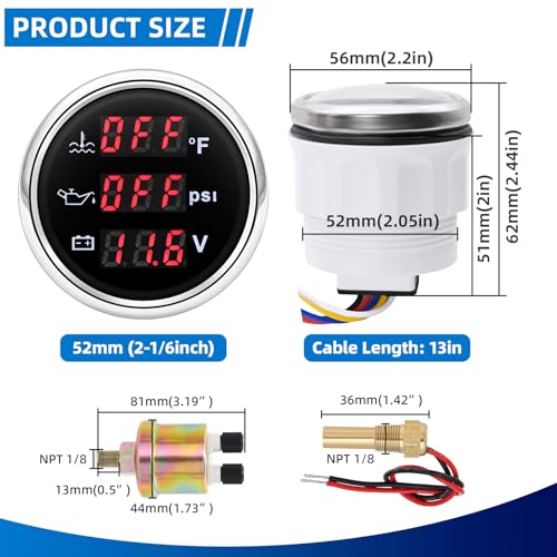 MH Triple Gauge Set - Water Temp (104°F-248°F), Oil Pressure (0-145PSI), Voltmeter (9-32V), AUTO Gauge with Sensors 2\" 52mm 3-in-1 Boat Marine Meter Kit (Black and Silver)