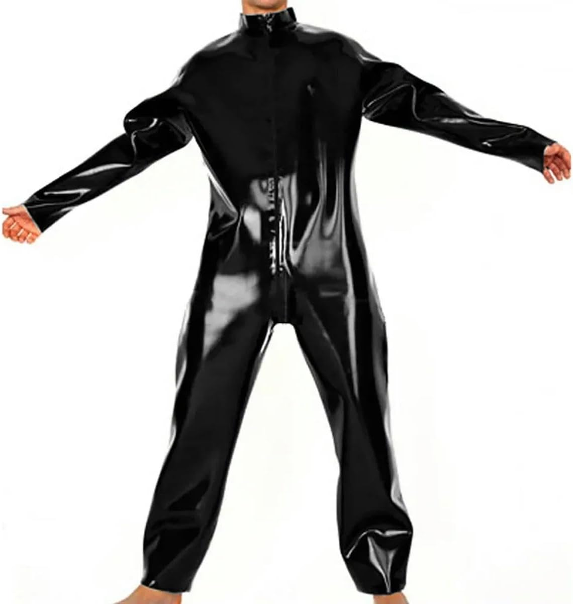 Mens PVC Long Sleeve Front to Crotch Zipper Bodysuit Male Mock Neck Rompers 7XL