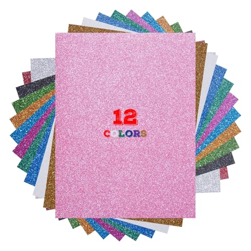 LUCKIGUCK 12 colores con purpurina para plóter textil, transferencia de calor, vinilo de 30,5 x 25 cm, lámina de transferencia flexible para textiles, lámina de transferencia para planchar, camisetas,