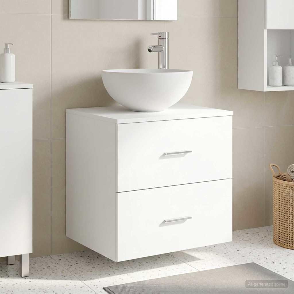 Mobile sottolavabo da parete in legno bianco, 49,5 x 35 x 63 cm, con cassetto e porta, per mobili da bagno e WC degli ospiti, mobiletto sottolavabo salvaspazio con ripiano e accessori di