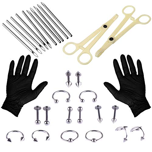 WZPB 46Pcs Professional Piercing Kit Piercing Jewelry 14G 16G 18G Piercing Needles Disposable Piercing Clamps for Nose Lip Eyebrow Belly Tongue Piercing