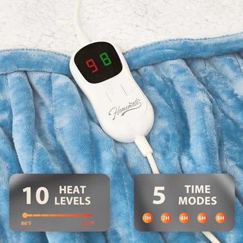 Image of Homemate Electric Heated Blanket Twin - 62 inchx84 inch Heating Bed Blankets Throw with 10 Heating Levels 8 Hours Auto Off Fast Heating Over-Heated Protection Ultra Soft Warm Flannel ETL Certified Blue