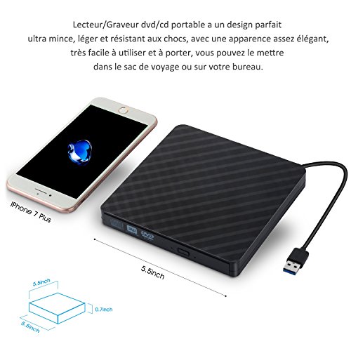 Externe dvd-drive, USB 3.0, ultra slim, draagbaar, Auelek externe drive DVD ROM CD USB CD speler, compatibel met Windows… - Image 7