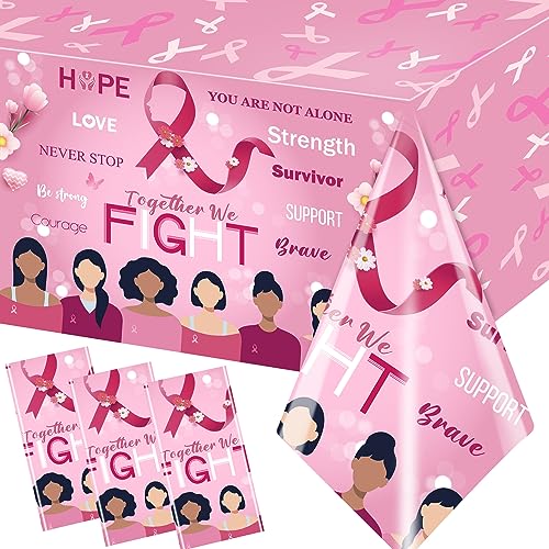 Image of Breast Cancer Table Cloth,3 Pcs Pink Ribbon Awareness Plastic Tablecloths Hope Courage Brave Table Cover for Women Girls Breast Cancer Party Supplies
