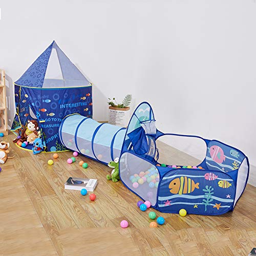 LOJETON 3pc Ocean World Kids Play Tent, Tunnel & Ball Pit with Basketball Hoop for Boys, Girls and Toddlers - Indoor/Outdoor Playhouse, Lightweight, Easy to Setup