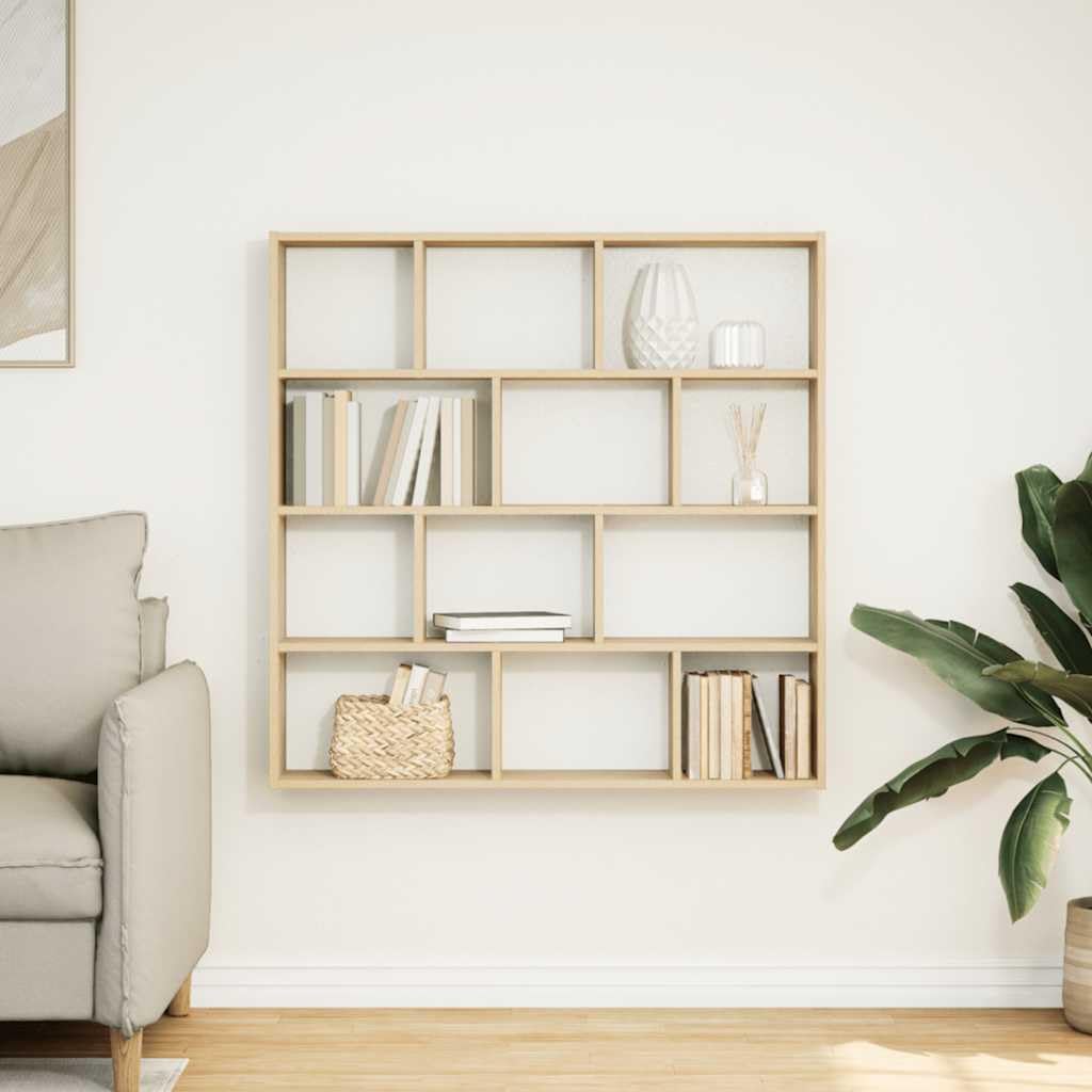 100x100cm 12-Compartment Wood Wall Shelf, Sonoma Oak | Features a floating design ideal for organizing books, plants, and home decor in the living room, kitchen, or bathroom.