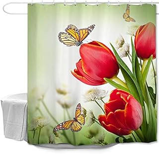 Oduo Shower Curtains Mould Proof Resistant Washable, 3D Butterfly Print Shower Curtains Waterproof Bath Curtain with 10-12 Hooks - Shower Curtain for Bathroom (90x180cm,Pink Flowers)