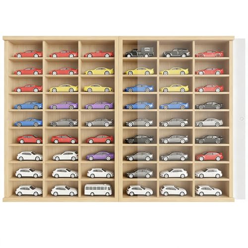 Image of Model Car Display Case 24 x 17 in, Holds 54 Fits 1 /64 Scale Toy car Storage Organizer,Wall-Mounted Toy Shelf Display Storage, Collapsible Wooden Box with 2 Acrylic Cover Plates (Only Box - Wood)