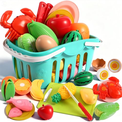 Play Food Sets for Kids Kitchen 38 Pcs Pretend Food with Storage Basket Plastic Food Cutting Toys Play Kitchen Accessories for Toddlers Educational Pretend Play Toys Toddler Boys Girls Gifts