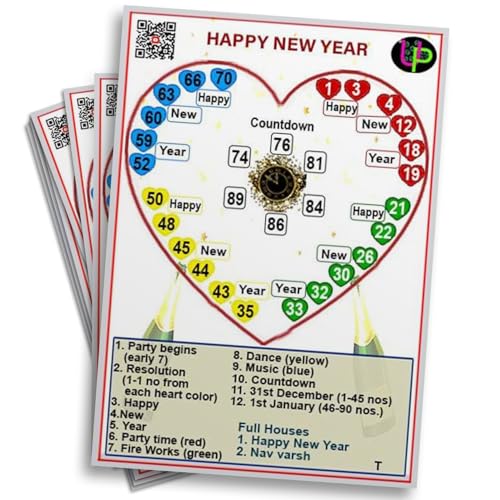 Image of Happy New Year Tambola Tickets | Heart Shape Theme Housie Tambola Themed Bingo Game| Kitty Party Theme Housie Tickets | English | for Family & Friends (Set of 15 Tickets)