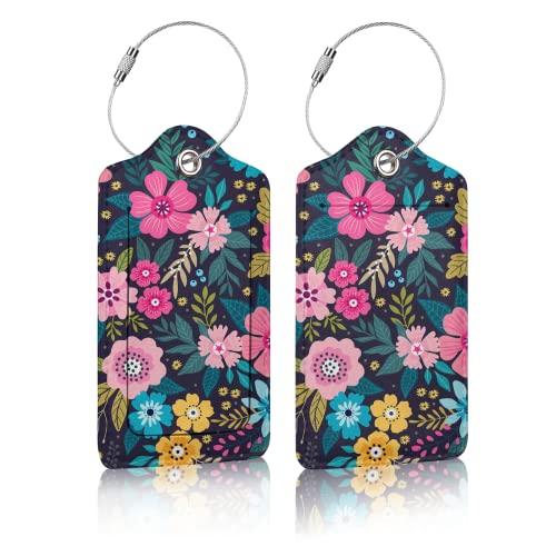 Floral Luggage Tags for Adults Teens,2 Pack Travel Bag Suitcase Labels with Stainless Steel Loop ID Tags Card Baggage Bag Label
