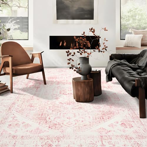 Sofrug Area Rug - 8x10 Washable Pink Rug Honeycomb Non Slip Retro Rugs Soft Faux Wool Carpet Foldable & Machine Washable Rugs for Living Room Bedroom Dining Room Kitchen