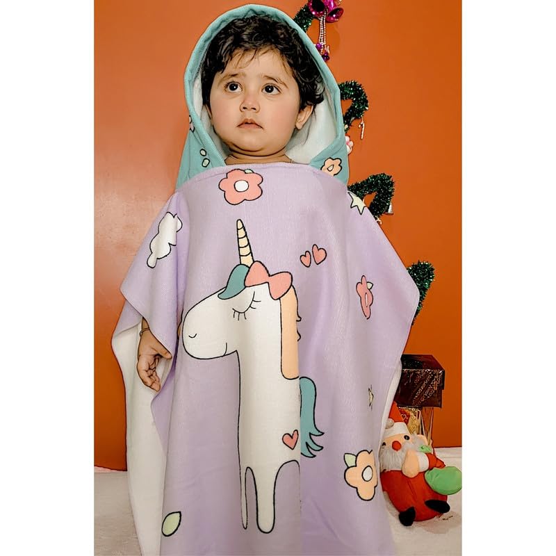 Image of Famyo Purple Unicorn Poncho Towel for Kids | Hooded Bath Towels | 60 x 60cm Toddler Pool Towel for Boys & Girls, 1-7 Years | Cute & Cozy Bathrobe Alternative