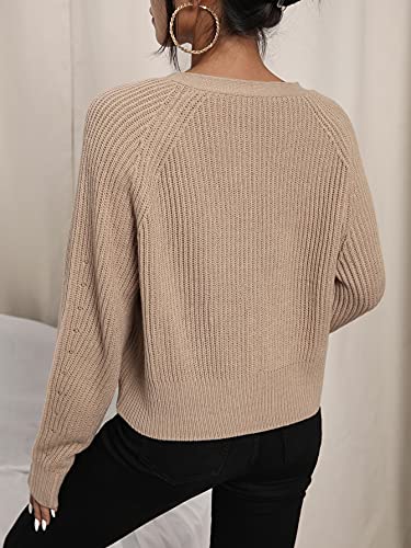 Makemechic Women's Casual V Neck Button Up Long Sleeve Cropped Cardigan Sweater Khaki M #TOP1