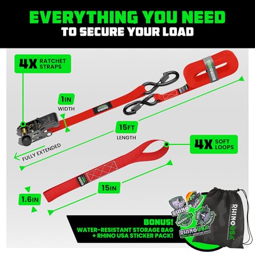 Image of Rhino USA Ratchet Straps Tie Downs (4-Pack) - 1 Inch x 15 Feet (1,823lb Break Strength) - Ultimate Tie Down Straps with Safety S Hooks - for Trucks, Cargo, Moving, Appliances -Red