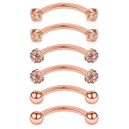 SCERRING 6PCS 16 Gauge 10mm Stainless Steel 3mm CZ Gems Shiny-Ball Curved Barbell Curved Barbell Eyebrow Cartilage Tragus Belly Lip Ring Studs - Rose Gold