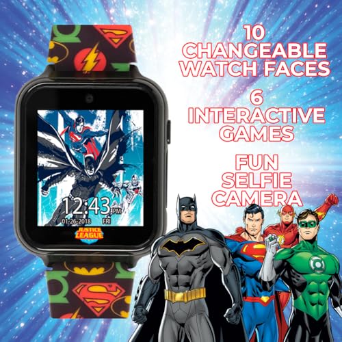 Justice League Kids Interactive Smart Watch with Touchscreen, Camera, Games, Pedometer, Alarm – Fun Learning Digital Watch for Boys & Girls – Superhero-Themed Silicone Strap – Fits Wrists 5.5”-8” 5
