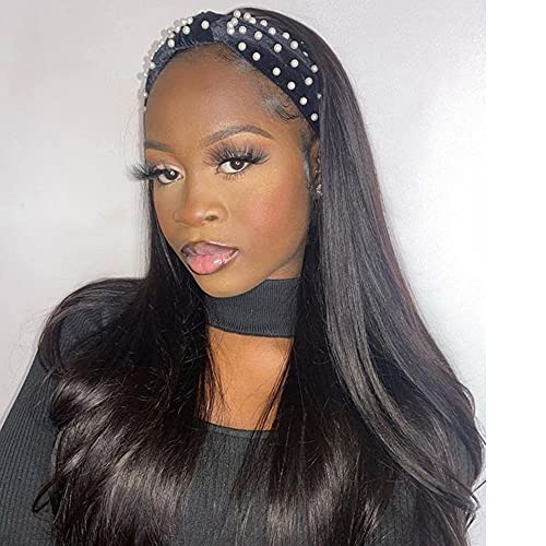 ShowJarlly Headband Wigs Glueless Straight Wig Headband Blend Human Hair for Black Woman Non Lace Front Wigs Nature Color Wear and Go 150% Density (20inch) …