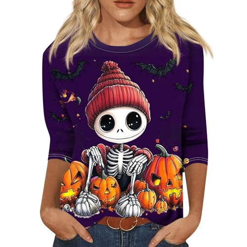 Cute Funny Halloween Shirts for Women Plus Size 3/4 Length Long Sleeve Womens Tops Witch Gothic Renaissance Shirt