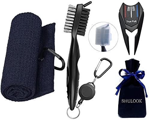 SHULOOK Golf-Zubehör, 3-teiliges Golfgeschenke, Golfschlägerbürste mit Schutzhülle und Golf-Handtuch-Set, Divot-Werkzeug mit magnetischem doppelseitigem Ballmarker, Geschenk für Golfer (schwarz) Cover