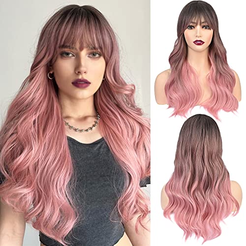 LONAI Long Wavy Gray Wig with Curtain Bangs for Women Pink with Dark Roots Synthetic Hair Piece for Daily Use Party