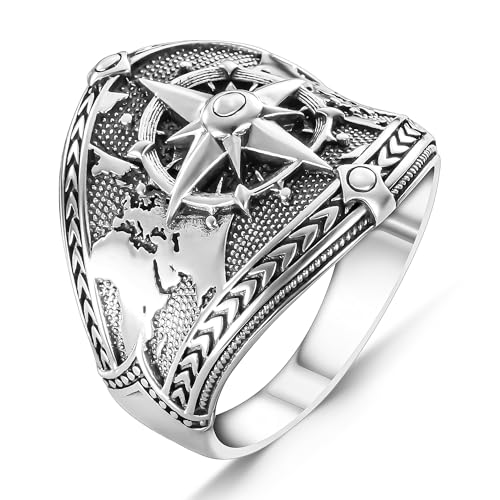 Compass and World Map Silver Ring, Mens Handmade Sailor Ring (11.5)
