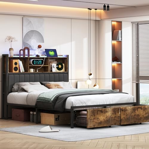 Générique - Générique lit Double 160x200cm, Cadre en Fer avec 2 Tiroirs, Éclairage LED et Prises USB, Tête de Lit Rangement en PU, Style Industriel