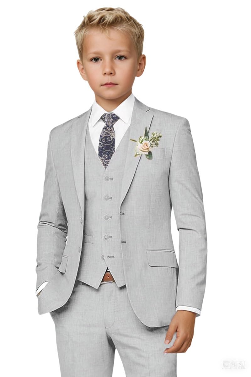Botong Boys Linen Suit for Summer Wedding 3 PC Notch Lapel Kids Tuxedos Toddler Formal Wear Light Grey 12T
