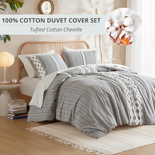 Image of INK+IVY Imani 100% Cotton Duvet Mid Century Modern Design, All Season Comforter Cover Bedding Set, Matching Shams, King /Cal King, Gray Chenille Tufted Accent 3 Piece