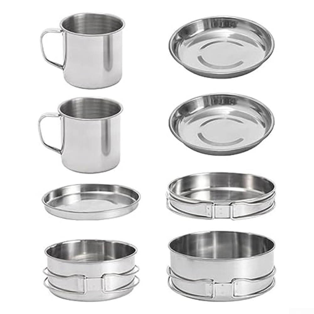 Oniissy Batterie de cuisine de camping en acier inoxydable 8 pièces avec poignées pliantes pour 5 à 6 personnes, kit de cuisson portable pour cuisinière à gaz et cuisinières électriques avec