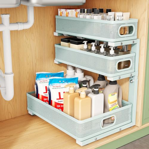 Image of Under Sink Organizer, 1-Pack 3-Tier Height Adjustable Thickened Metal Pull out Cabinet Organizer Shelf, Slide out Storage Drawer Rack for Bathroom Kitchen Pantry Home Organization, LightBlue