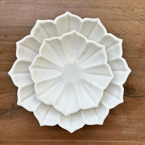 Image of Marble Urli Bowl for Decoration | Big Potpourri Decorative Bowls in Home decor | Large White Floating Flower Plates of Stone | Small Shape puja Item | (12 inch, Petal Glow)