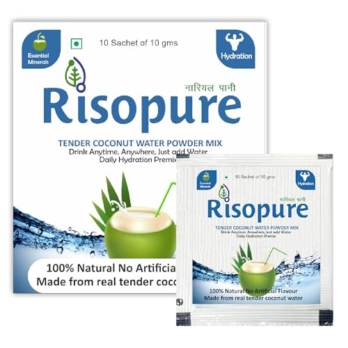 RISOPURE Tender Coconut Water Premix Powder | Instant Energy | Healthy Skin | Daily Hydration | Nariyal Paani | Pure and Raw Coconut Water | Enriched with Vitamins & Minerals 100 g (Pack of 10 Sachets)