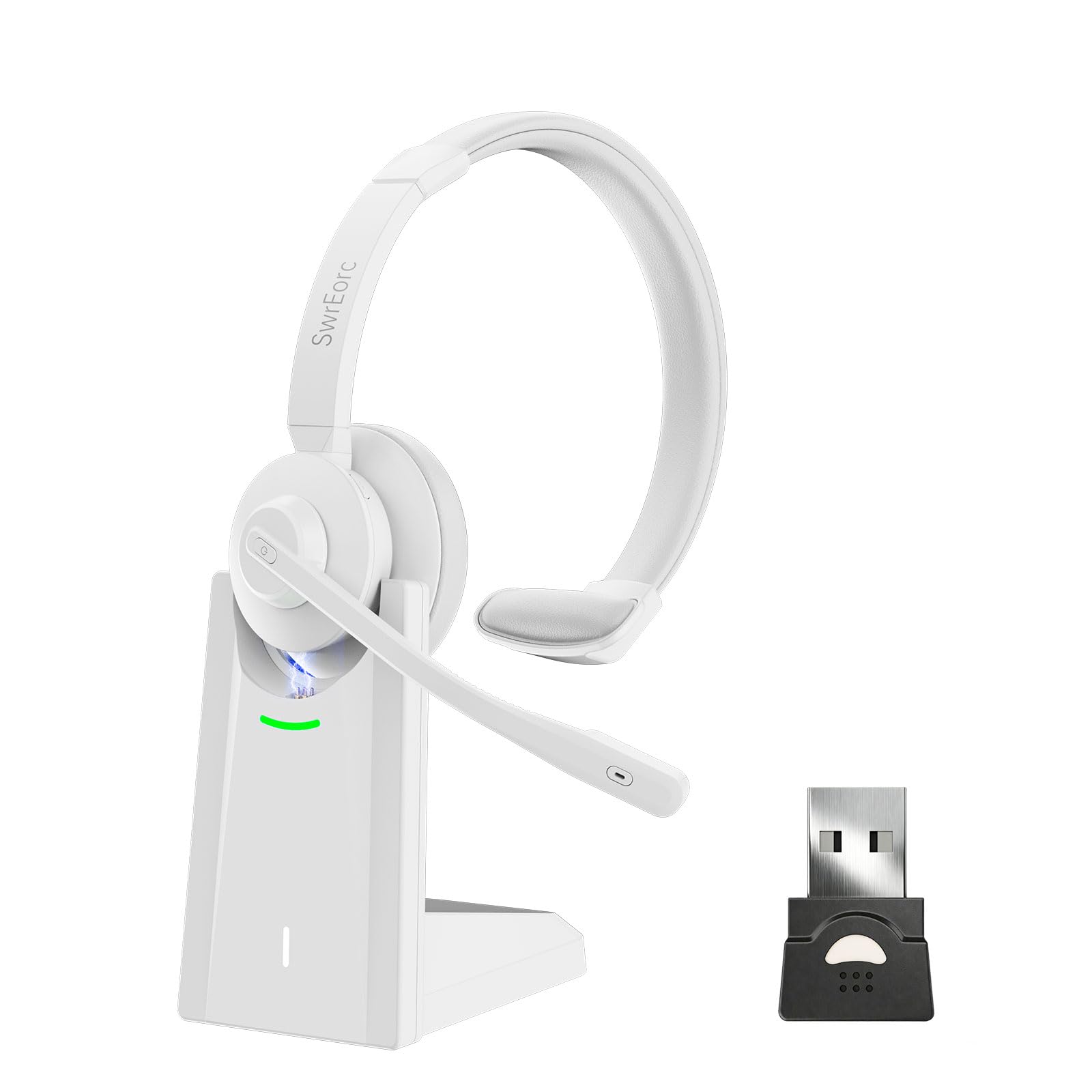 bluetooth headset, wireless headset with mic for work, advanced ai noise cancelling microphone (clear calls & mic mute), bluetooth 5.3, usb dongle, headphones with mic, for pc/zoom(white)