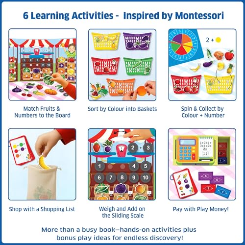 Image of Chalk & Chuckles Busy Market- 6-in-1 Preschool Learning Activity Box, Velcro Stickers for Sorting, Counting, Math, Pretend Play, Early STEM Toy, Educational Game, Gifts for Kids Ages 3, 4, 5, 6