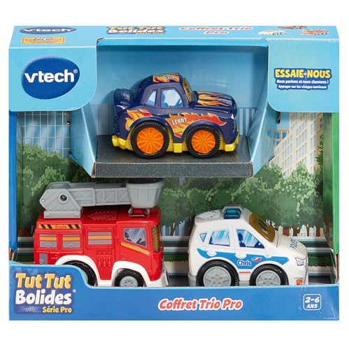 VTech - Tut Tut Bolides Série Pro, Coffret Trio Pro, 3 Voitures Enfant, Police, Camion de Pompiers et Voiture de Course, Jouet Musical et Sonore, Cadeau...