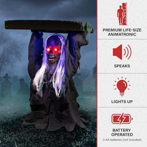 Image of Haunted Hill Farm Tombstone Lifter by Tekky, Battery-Operated, Sound Activated Animatronic Zombie with Sound Effects and Lights for Indoor or Covered Outdoor Creepy Halloween Decoration