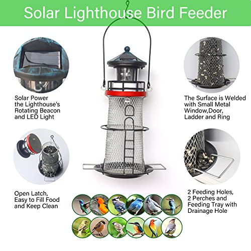 Hshd Solar Lighthouse Bird Feeder With Rotating Beacon Lamp - 14" Hanging Mesh Wild Bird Feeders For Outdoor Garden Patio Lawn Decor (Retro) #TOP1