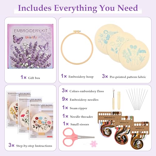 Image of 3 Sets Embroidery Kit, Cross Stitch Kits for Beginners, Needlepoint Kits for Adults with Floral Patterns, Hoop, Needles, Threads and Tools, Colorful Threads, Easy to Learn Step-by-Step Guide & Video