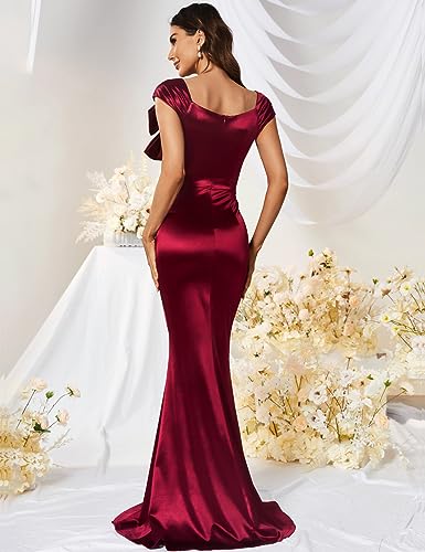 MUXXN Women 50s Style Retro Cap Sleeve Square Neck Satin Evening Cocktail Wedding Guest Long Maxi Dress4