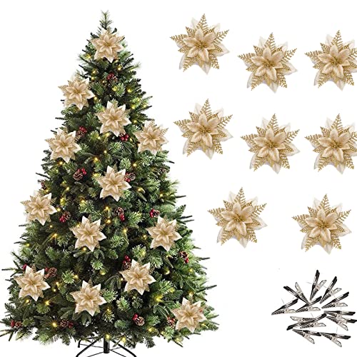 12Pcs Christmas Poinsettia Flower Artificial Pointsettia with Clips Christmas Glitter Poinsettia Ornaments Christmas Tree Flower Decorations, DIY Xmas Wreath Holiday Party Decor (Gold)