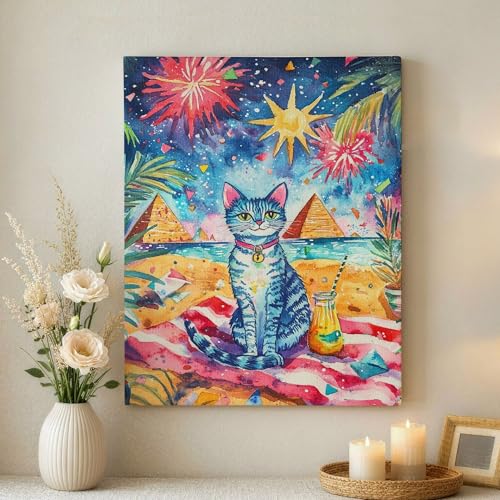 Toile chat coloré 40x50 cm décoration murale tropicale salon nuit étoilée