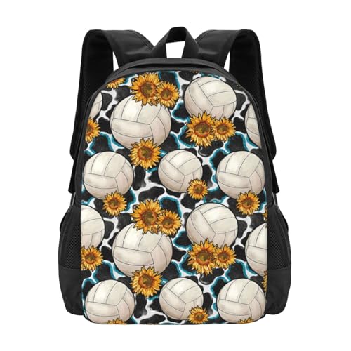 Volleyball Sunflowers Cowhide Backbags Large Adjustable Backpack Lightweight Daypack for Men Women 16.5 Inches
