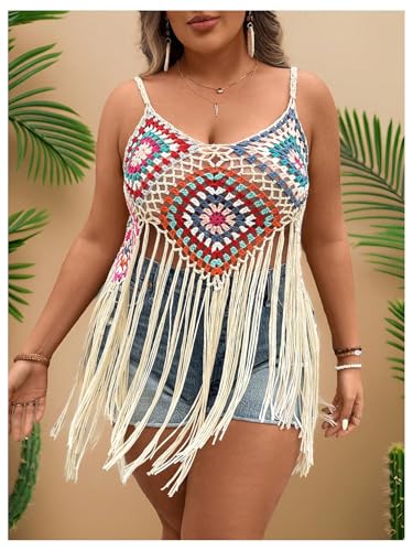 WDIRARA Women's Plus Size Floral Crochet Cami Top Boho Hollow Out Fringe Sleeveless Cover Up Tops4