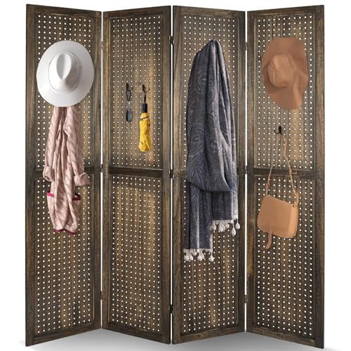Babion 4 Panel Pegboard Display, Peg Board Room Divider Freestanding Folding Privacy Screens Pegboard Display Stand for Craft Shows (Brown)