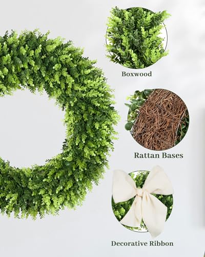 Image of DDHS 32 inch Boxwood Wreath, Artificial Large Summer Wreaths for Front Door with Yellow Cloth can DIY Shaped, Spring or Summer Wreaths for Hanging in the Shop, Farmhouse, Roof Green Wreath Decoration