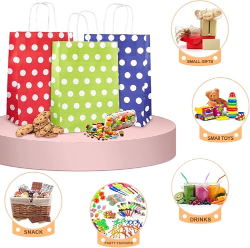 Image of RanGit Bhumi Gift Bags- 10 pcs 8x4x10 inch Polka Dots Small Paper Bags with Handles, Party Favor Candy Goodie Treat Bags, Paper Carry Bags for Birthday, Wedding, Baby Shower Return Gifts (Small-Polka Dots, Pack of 10)